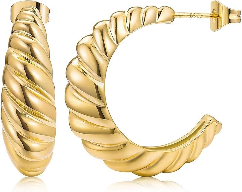 14K Gold Plated Croissant Earrings, Twisted Round Hoop Earrings Chunky Hoop Earrings 925 Sterling... | Amazon (US)