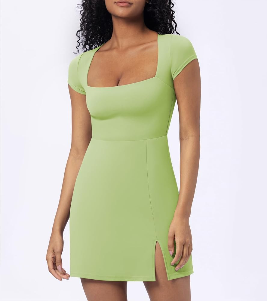 Casly Lamiit Women's Square Neck Short Sleeve Mini Dress 2024 Side Slit Stretchy A Line Dresses | Amazon (US)