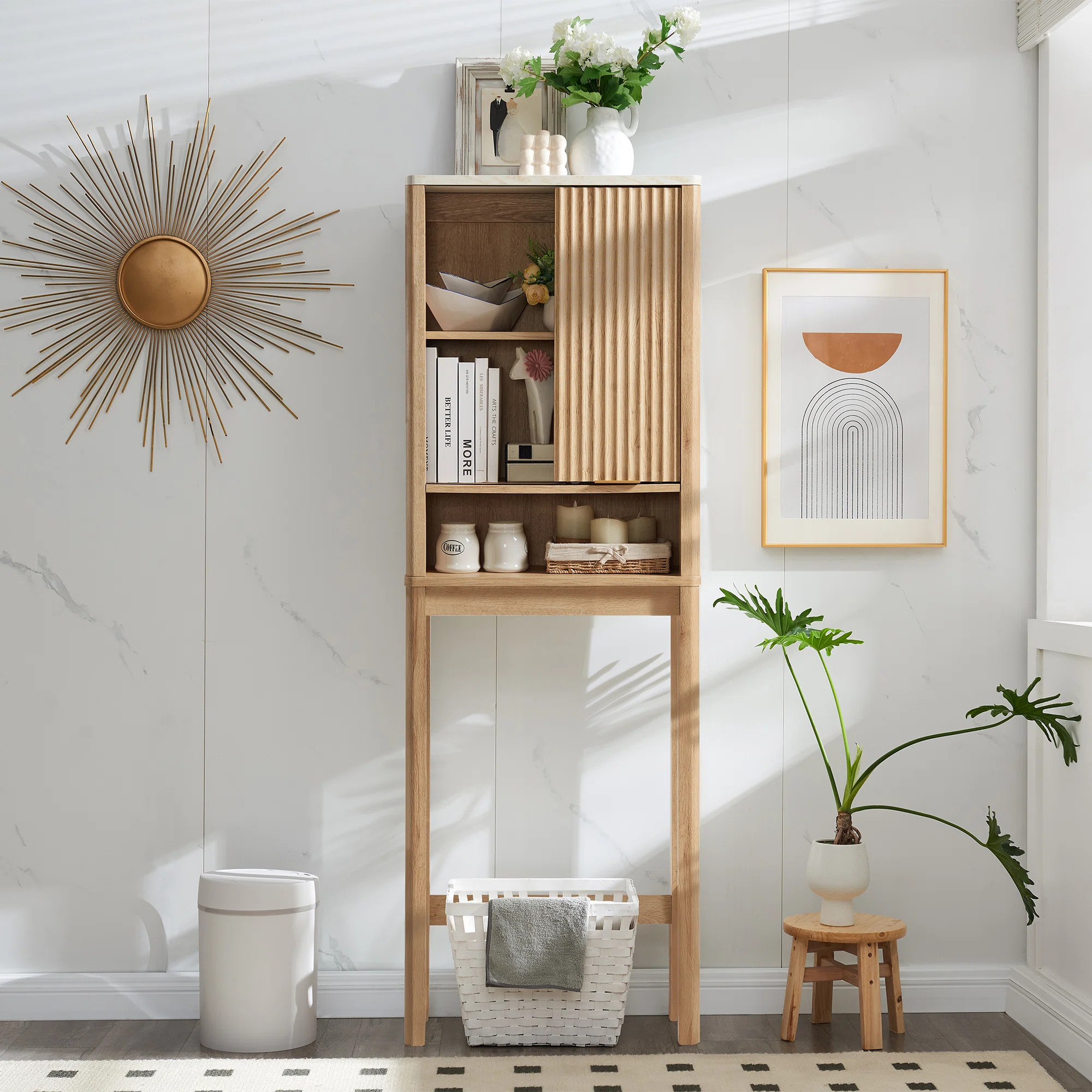 Riccio Freestanding Over The Toilet Storage Cabinet with Sliding Fluted Door Adjustable Shelf | Wayfair North America