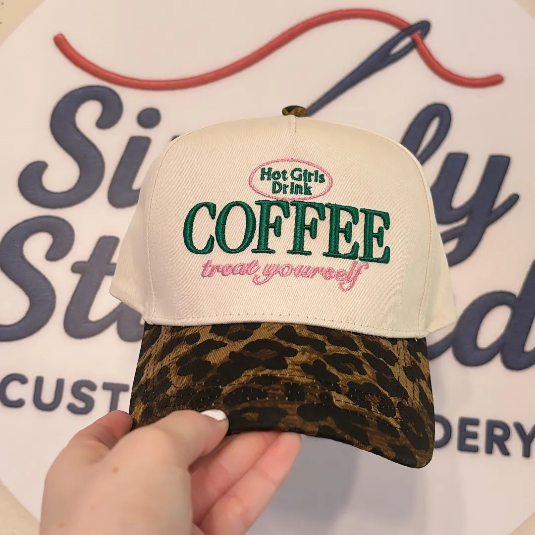 Embroidered raised "Hot girls drink coffee" dark cheetah leopard Trucker Hat | Etsy (US)