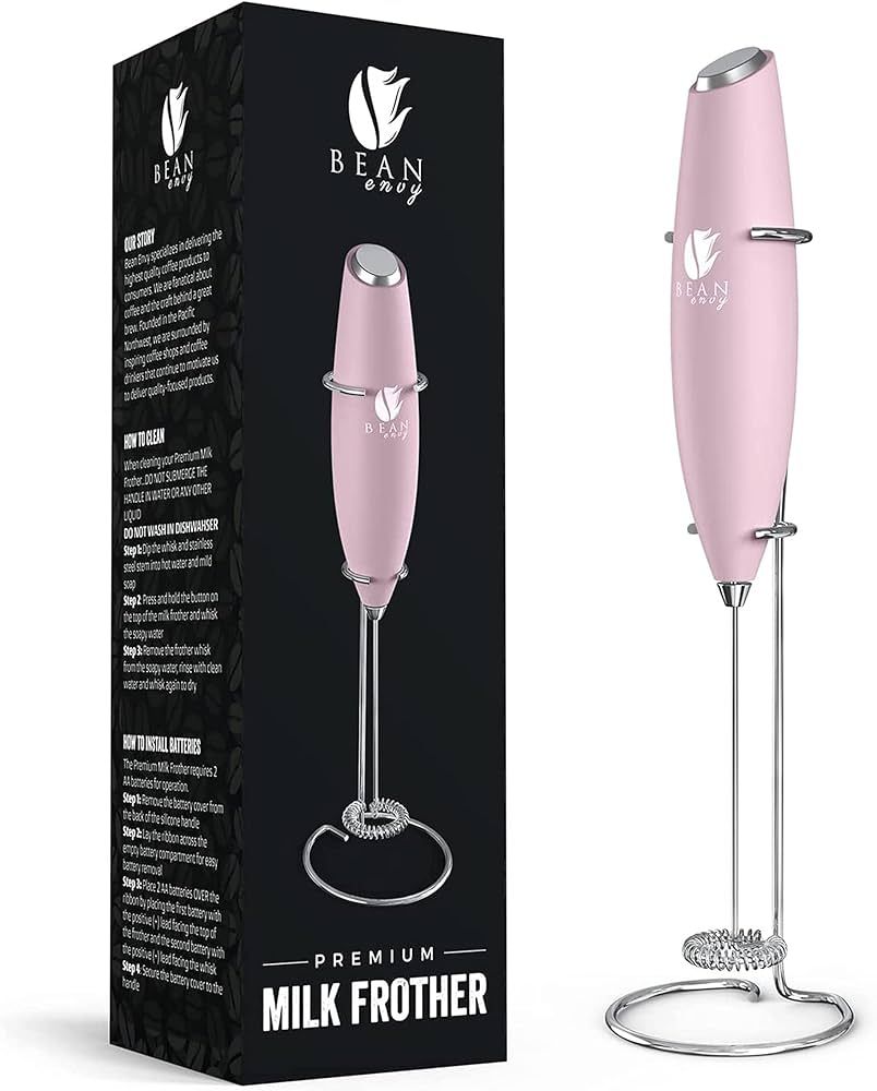 Bean Envy Milk Frother Handheld for Coffee - Electric Hand Blender, Mini Drink Mixer Whisk & Coffee Foamer Wand with Stand for Lattes, Cappuccino, Matcha and Hot Chocolate - Kitchen Gifts - Pink | Amazon (US)