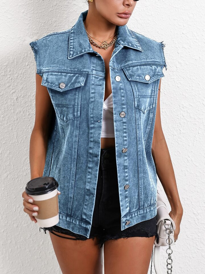 SHEIN Frenchy Flap Pocket Vest Denim Jacket | SHEIN