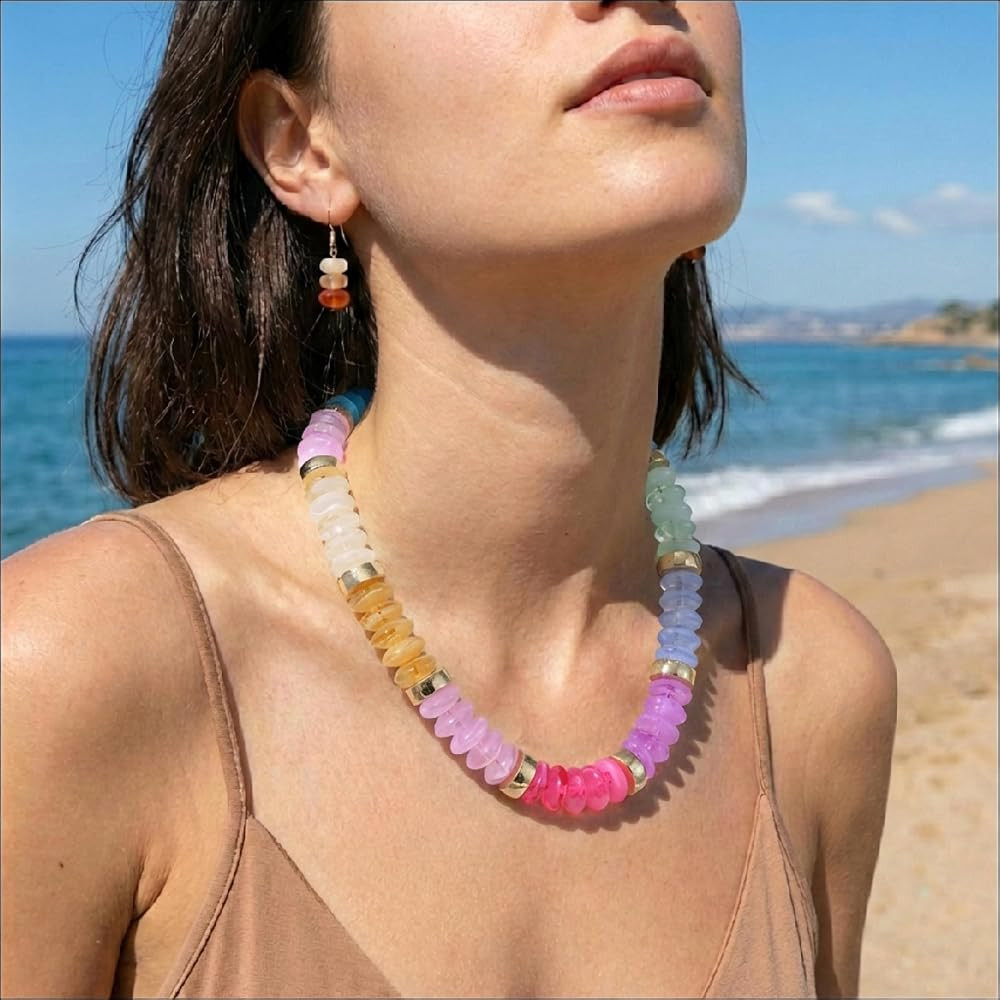 RISHEGAE Chunky Beaded Necklace for Women Boho Resin Beaded Choker Necklace Adjustable Surfer Bea... | Amazon (US)