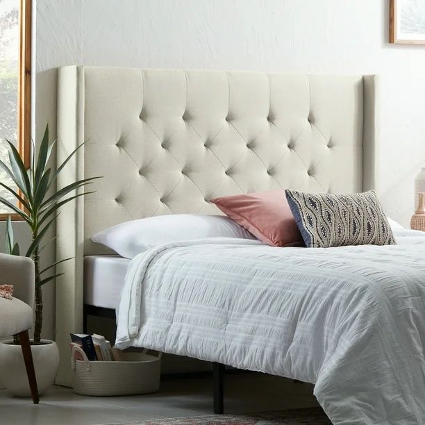 Rest Haven Linen-Inspired Diamond Tufted Wingback Upholstered Headboard - Queen, Cream | Walmart (US)