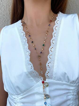 1pc Fashionable Round Shaped Colored Glass Decor Y-shaped Necklace, 80cm | SHEIN