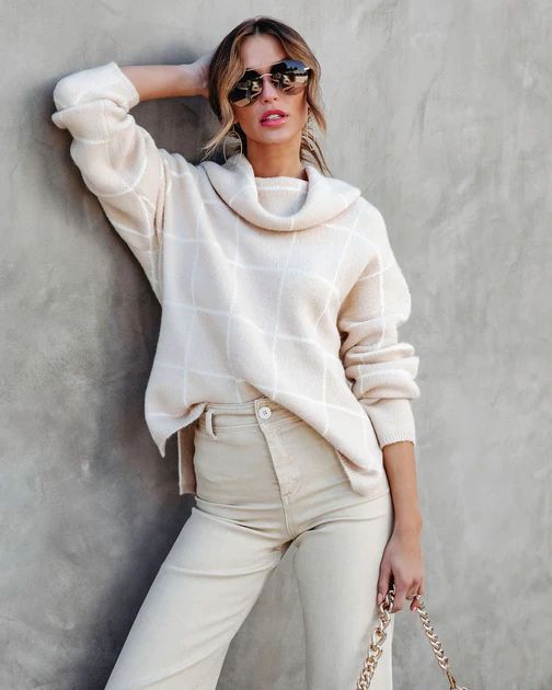 Out Of Line Knit Cowl Neck Sweater - Beige/White | VICI Collection