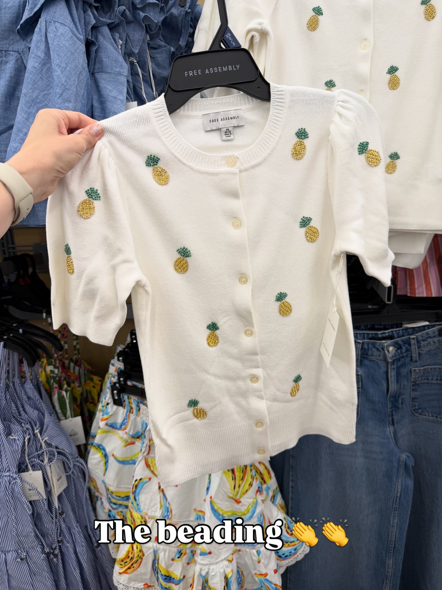 Beaded pineapple short sleeve cardigan at Walmart, layer or wear alone as a top. I tend to go up one size in these to a medium. #walmartfashion