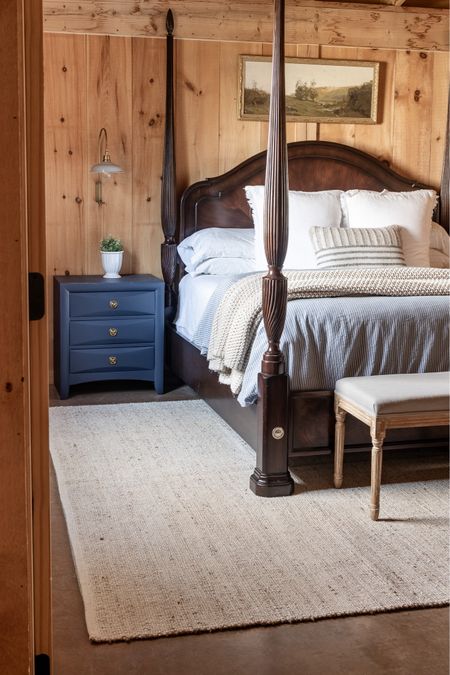 Barndominium bedroom with jute rug, linen pillow covers, blue and white stripe duvet, Amazon home decor, blue dresser 

#LTKhome #LTKfindsunder50 #LTKSeasonal