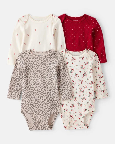 Baby Girl 4-Pack Leopard Print Cotton Long-Sleeve Multipack Bodysuits - Red/White | Carter's Inc