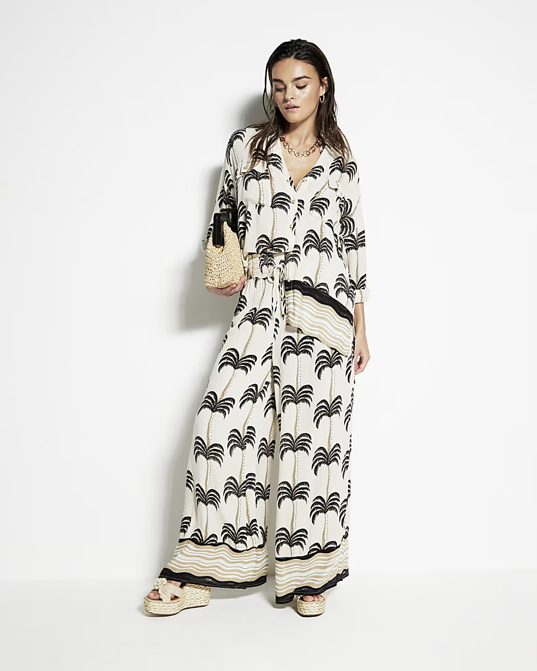 Cream Palm Print Beach Shirt | River Island UK & IE