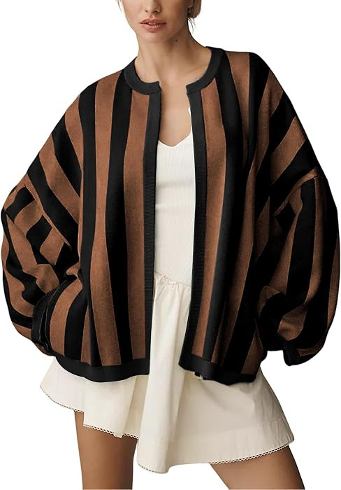 Women's Casual Loose Fit Striped Cardigan Long Balloon Sleeves Open Front Knit Sweater | Amazon (US)