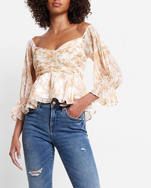 Printed Pleated Off The Shoulder Peplum Top | Express
