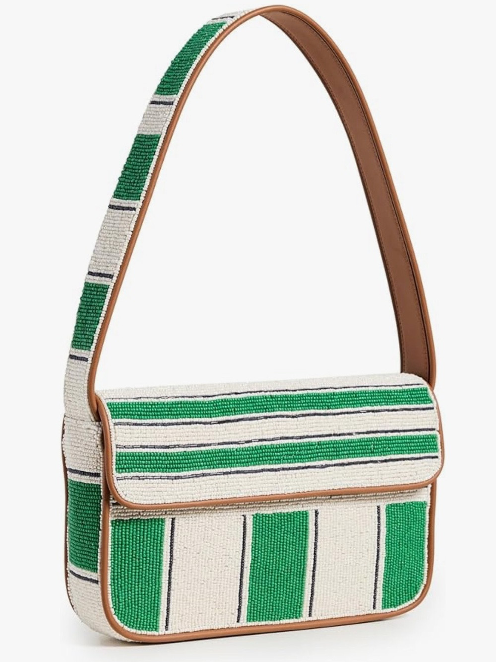 STAUD Green & Cream Striped Beaded Tommy Shoulder Bag with Tan Trim | Poshmark