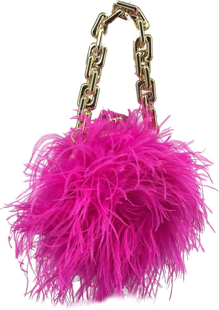 Women Ostrich Feather Mini Handbag Purse with Big Gold Chain for Party Fluffy Plush Luxurious | Amazon (US)