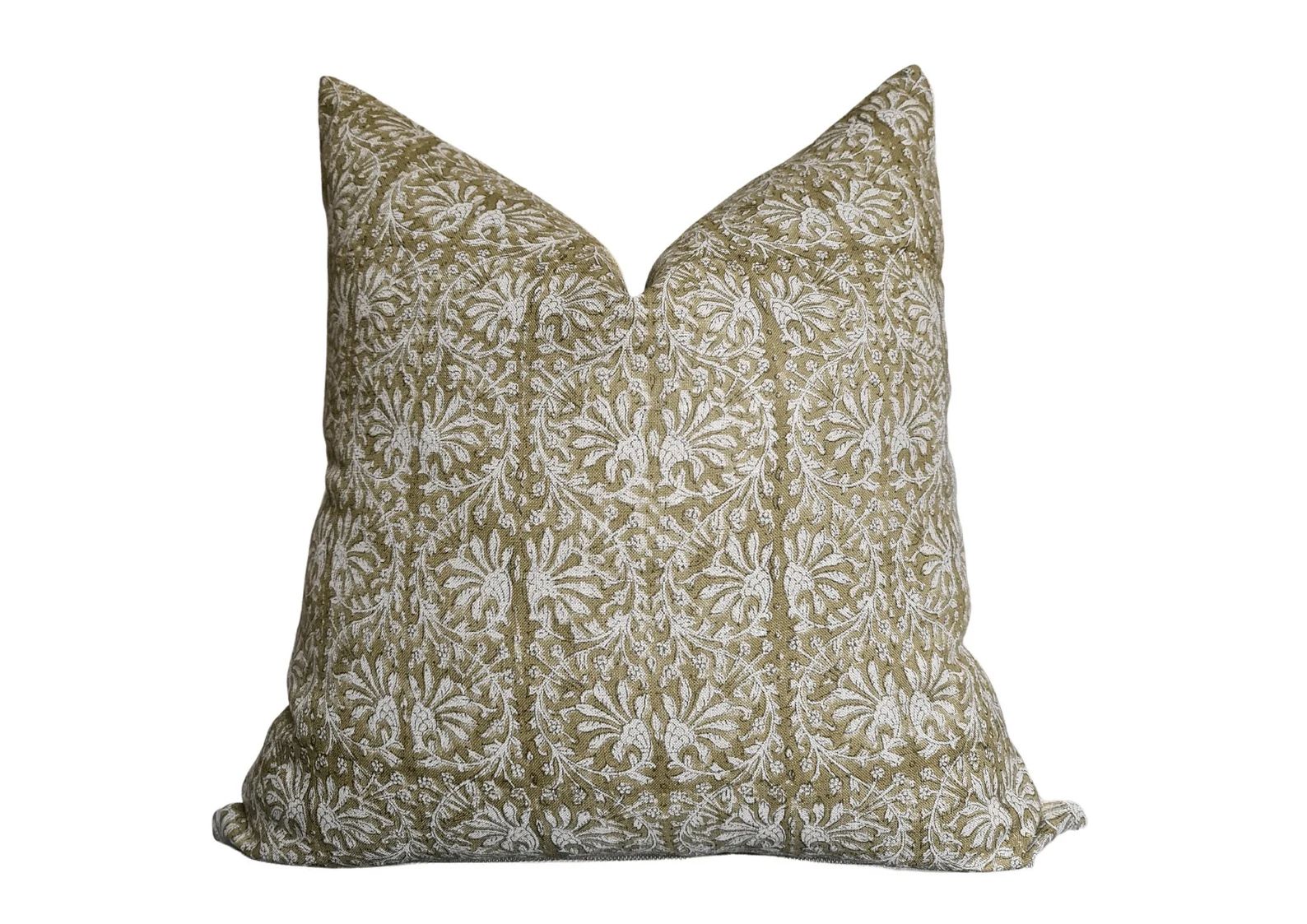OLIVE | Green Handblock Linen Cushion Cover, Pattern Linen Pillow, California Casual Green Throw ... | Etsy (UK)