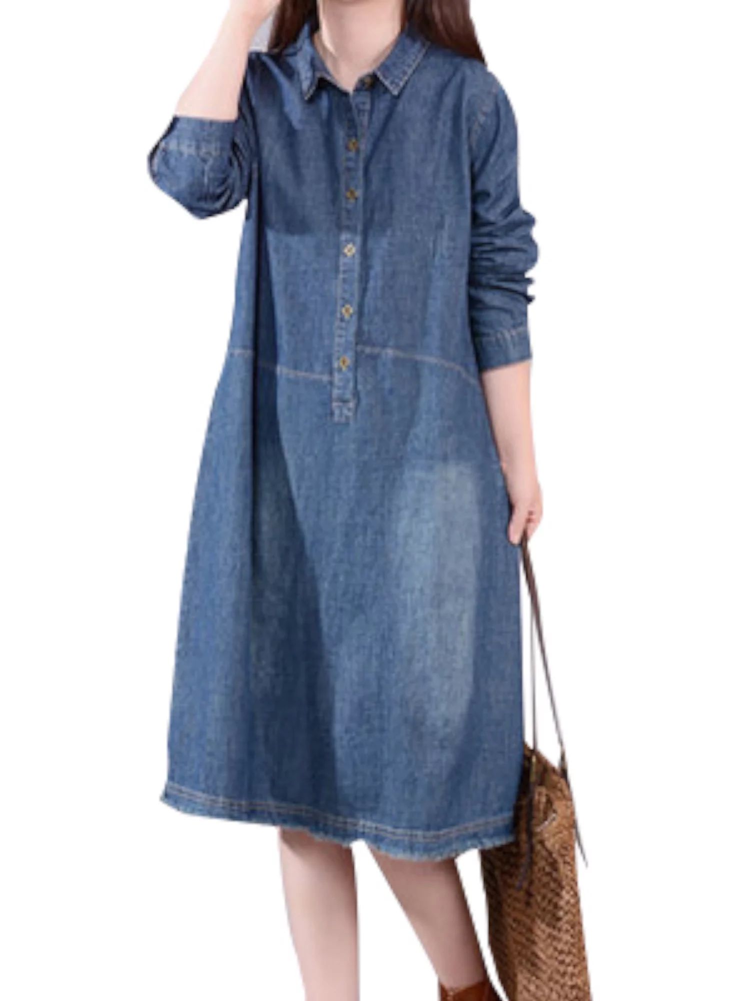 Women Long Sleeve Denim Dress Autumn Midi Jeans Dresses Solid Collor Buttons Pullover Tunic Women... | Walmart (US)