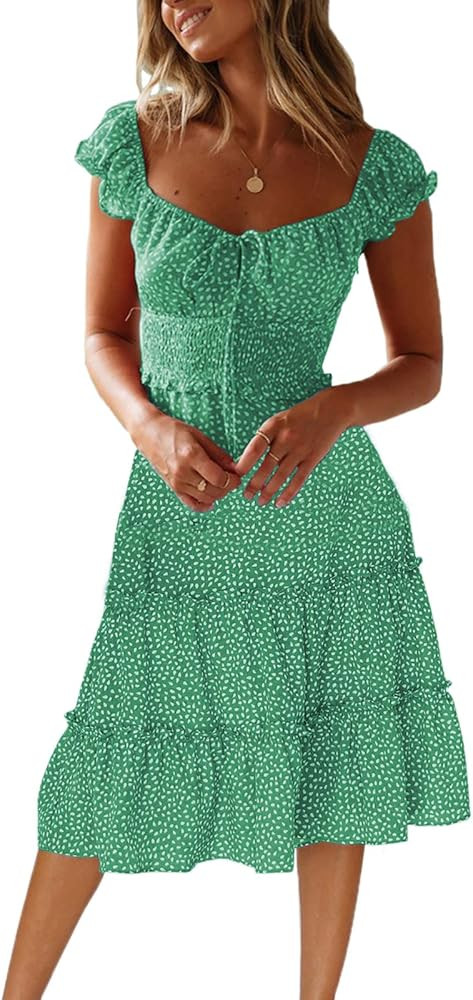 Womens Summer Dress V Neck Boho Floral Smocked Dress Ruffle Flowy Puffy Sleeve Sexy Mini Dresses | Amazon (US)