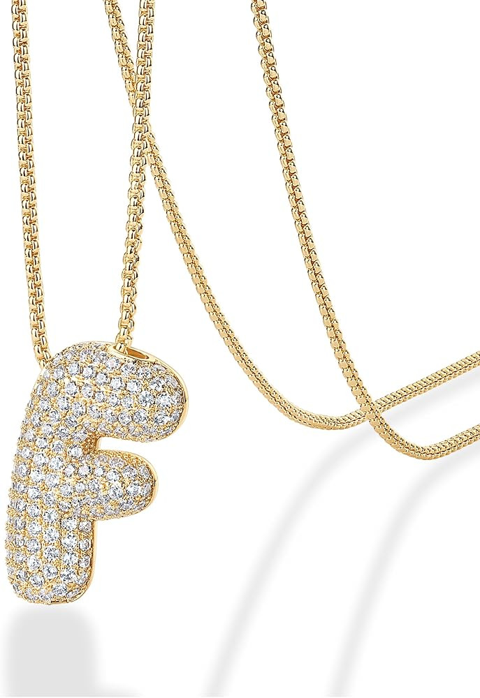 PAVOI 14K Gold Plated Cubic Zirconia Bubble Letter Initial Necklaces for Women | Gold Balloon Nec... | Amazon (US)
