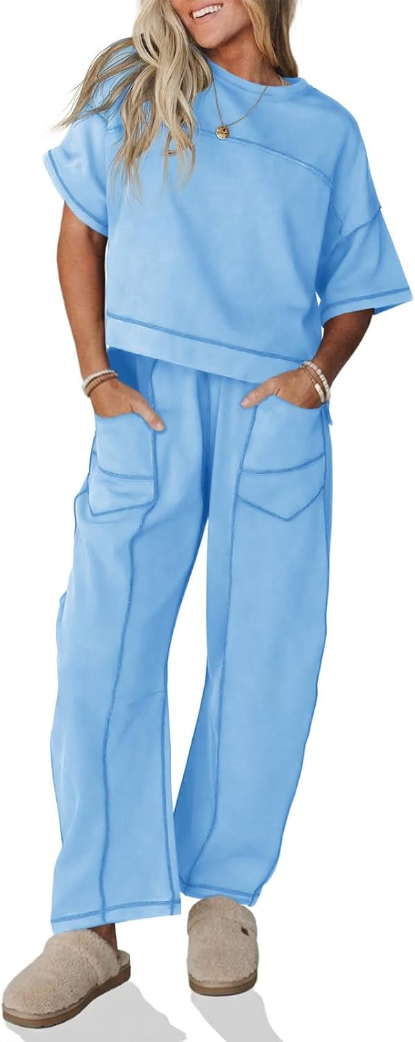 Fisoew Womens 2 Piece Outfits Lounge Sets Short Sleeve Tops and Wide Leg Pants Travel Vacation Casual Matching Sets | Amazon (US)
