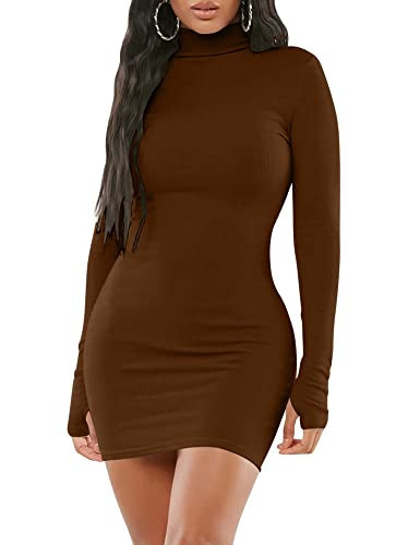 Mizoci Women's Sexy Bodycon Mini Club Dresses Basic Long Sleeve Turtleneck Dress,X-Large,Coffee | Amazon (US)