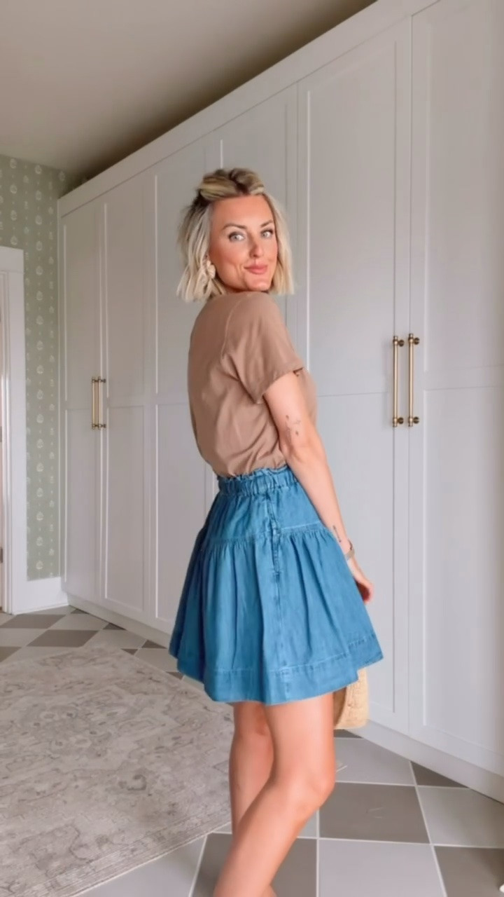 This tee goes with everything- and this skirt is so feminine and versatile as well! It’s a great length and isn’t too short or too long! Work or weekend wear ready! Wearing S in the tee and XS skirt Loverly grey, work weekend outfit ideas, how to style a tan tee, chambray tiered skirt outfit, Walmart fashion finds

#LTKootd #LTKSeasonal