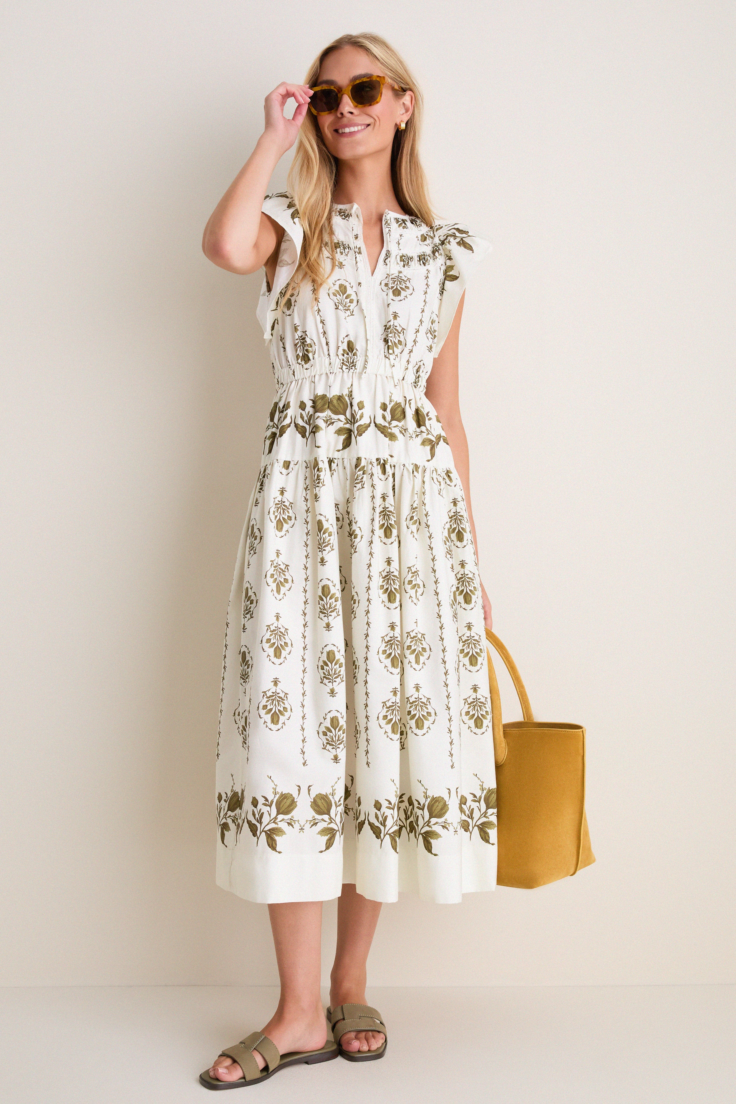 Beige Multi Short Ruffle Sleeve Midi Dress | Tuckernuck (US)