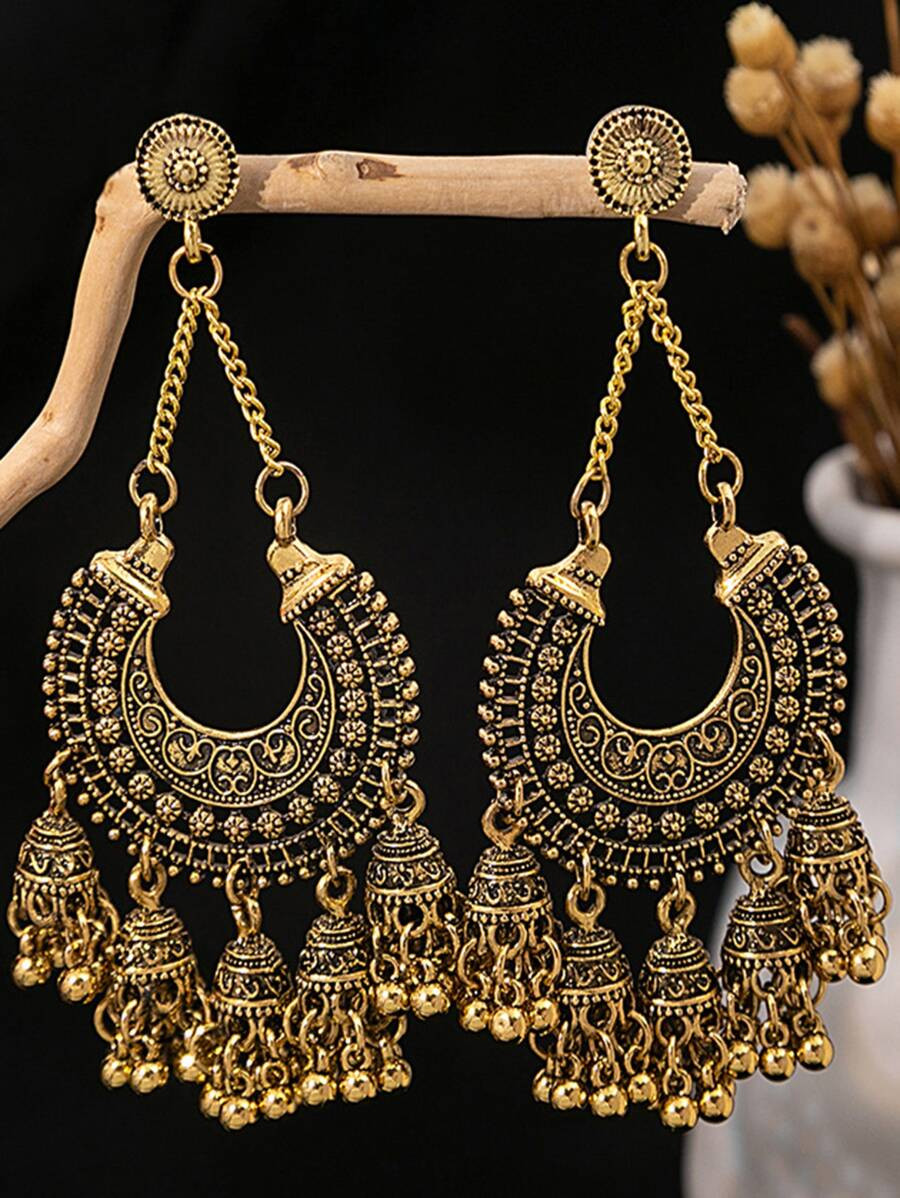 1pair Bohemian Style Vintage Bell Shaped Tassel Earrings With Indian Traditional Design, Creative... | SHEIN