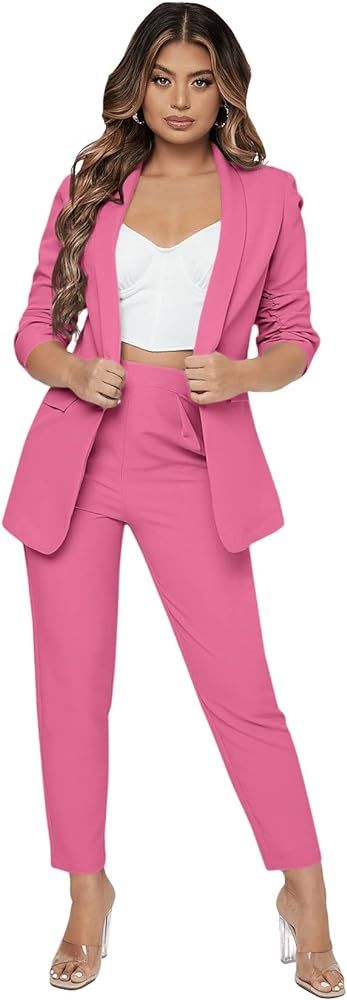 SweatyRocks Women's 2 Piece Solid Ruched Sleeve Blazer and Pants Business Office Suit Set | Amazon (US)