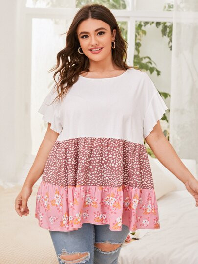 Plus Colorblock Floral Print Ruffle Hem Peplum Top
   SKU: sf2204223134642494      
          (68... | SHEIN