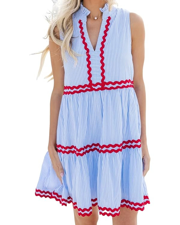 Kuraki Women's Cute Sleeveless Rickrack Tiered Striped Dress | Amazon (US)