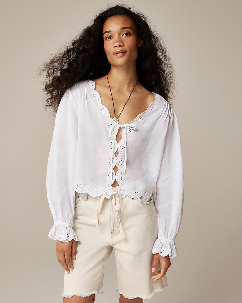 Scallop-trim tie-front top in ramie | J. Crew US