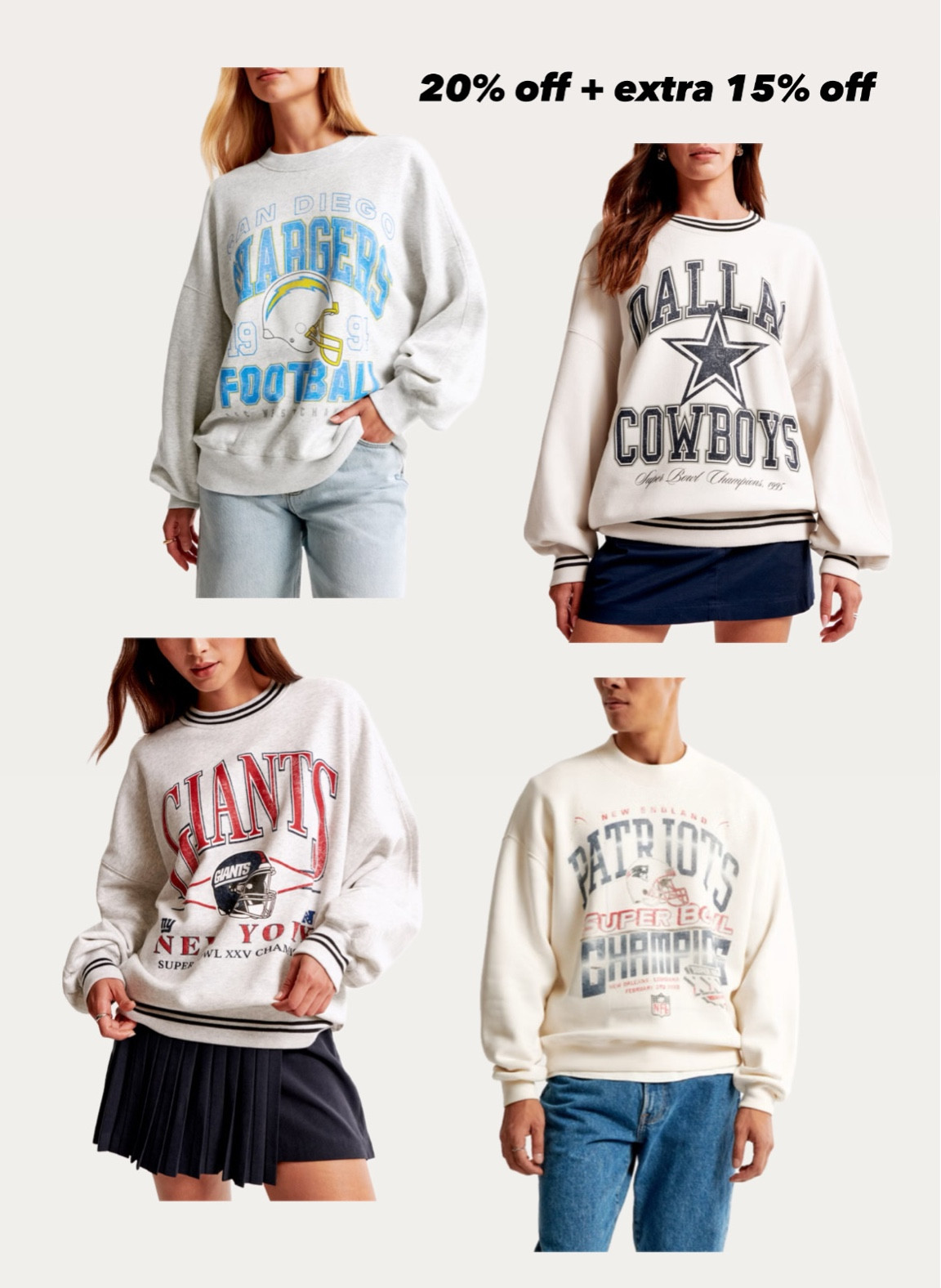 20% off Abercrombie NFL apparel and extra 15% off with code AFJEAN

Vintage inspired prints and fit. Nick is loving that they have the original (now extinct) San Diego chargers!  

Women’s hoodies have a relaxed oversized fit so size down if you can! Xxs is a roomy fit on me 

Men’s also runs a little oversized 

#LTKfindsunder100 #LTKSeasonal #LTKsalealert