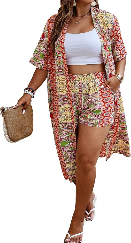 SOLY HUX Women's Plus Size 2 Piece Outfits Boho Print Open Front Half Sleeve Kimono and Shorts Se... | Amazon (US)