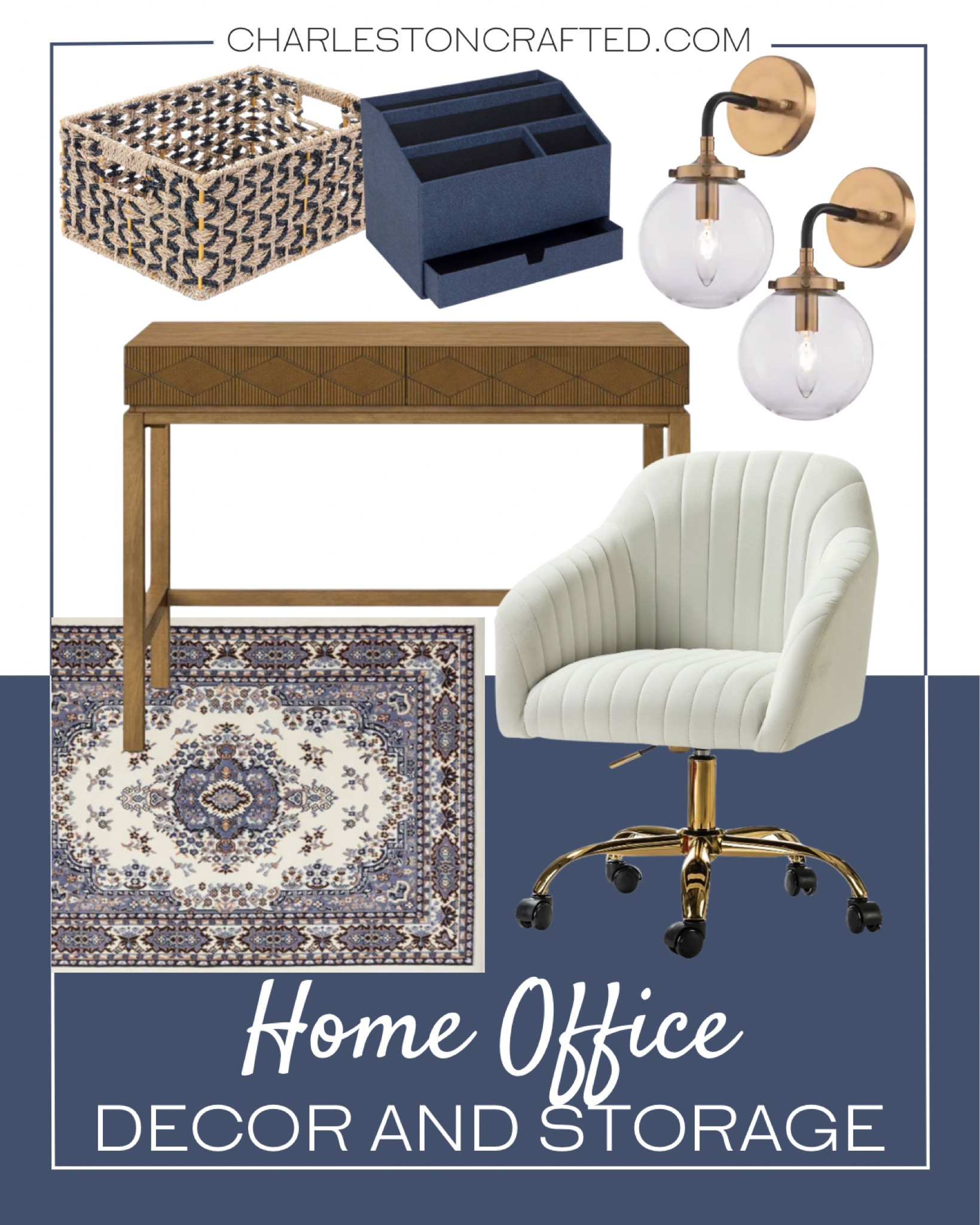 Home office decor refresh includes neutral office chair, area rug, wood writing desk, gold sconces, navy blue desktop organizer, and storage basket.

Home decor, office decor, office refresh, office storage, moody decor, eclectic decor, colorful decor 