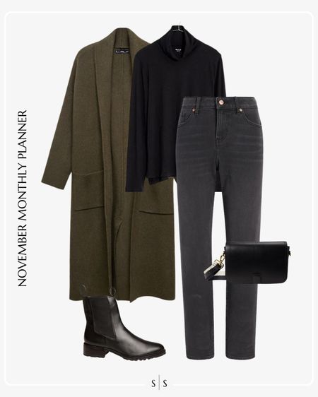 Monthly outfit planner: NOVEMBER Fall and Winter looks | olive long coat black turtleneck tee, blck skinny jeans, black combat lug boot, black crossbody

See the entire calendar on thesarahstories.com ✨ 

#LTKstyletip
