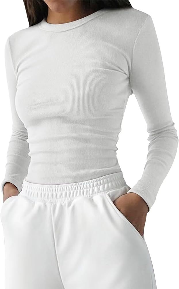 Womens Crewneck Tunic Long Sleeves Slim Fitted Ribbed Knit Tops Casual Warm Fall Basic Shirts | Amazon (US)