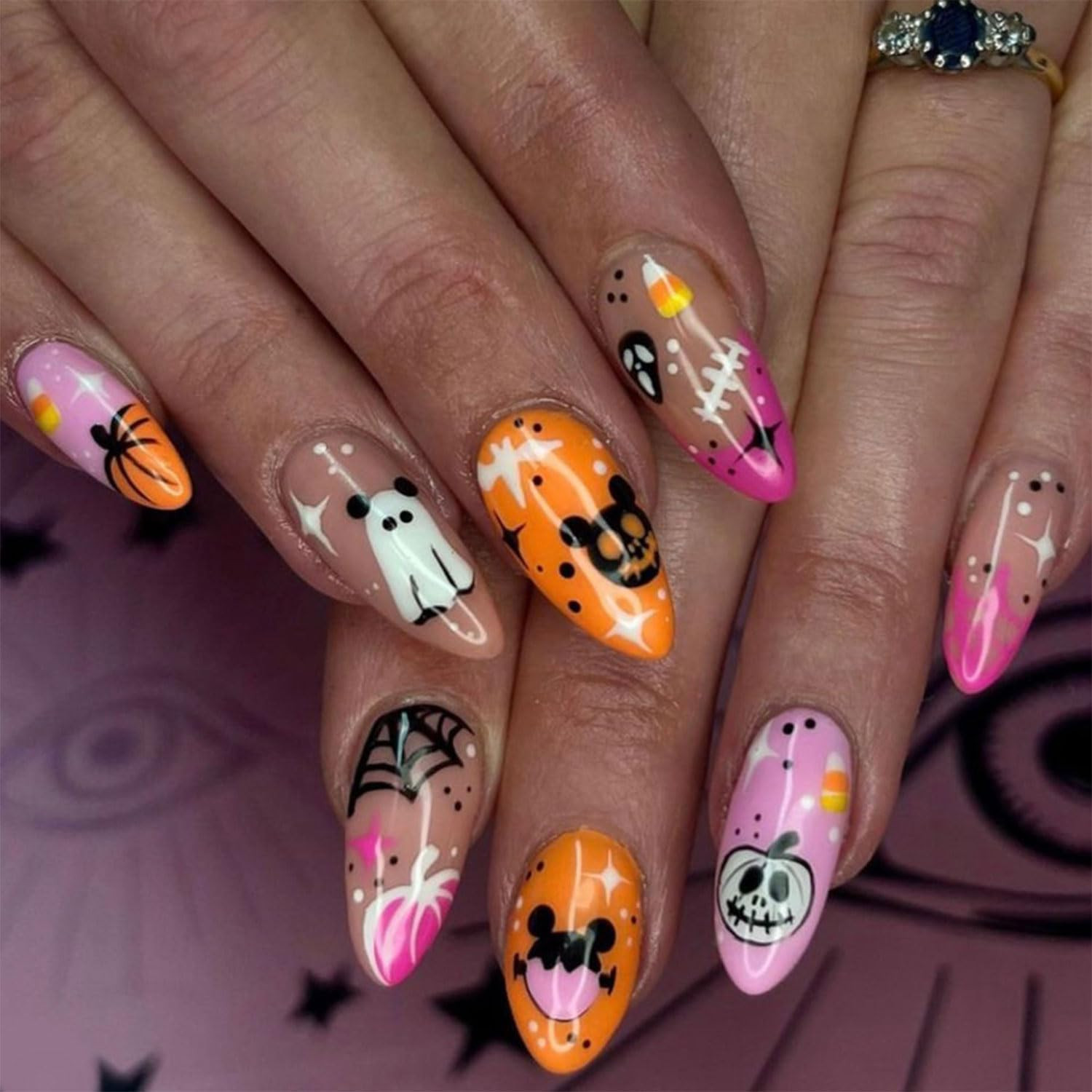 Halloween Nails Short Press On Nails Almond Fake Nails Pink Tip False Nails with Pumpkin & Ghost ... | Amazon (US)