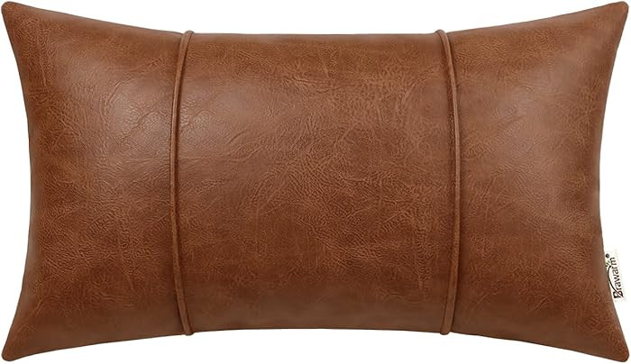 BRAWARM Brown Leather Throw Pillow Covers 12 X 20 Inches - Faux Leather Lumbar Pillow Cover with ... | Amazon (US)