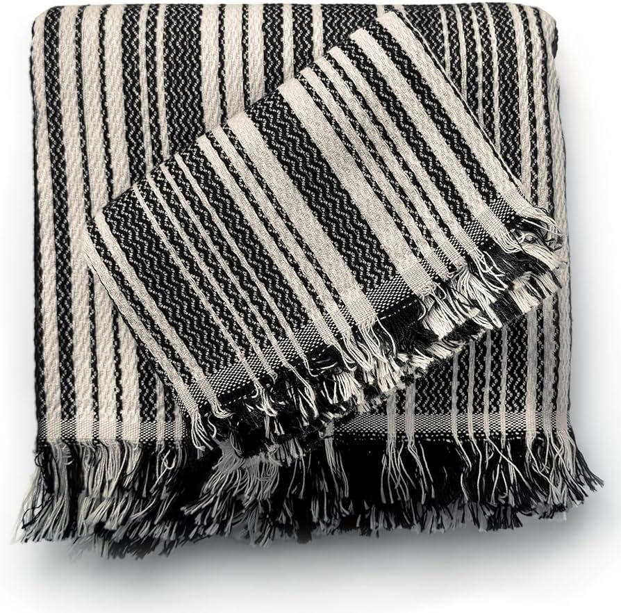 The Loomia 100% Cotton Striped Turkish Hand and Bath Towel Set of Two (Off-White Black, XL Size) | Amazon (US)