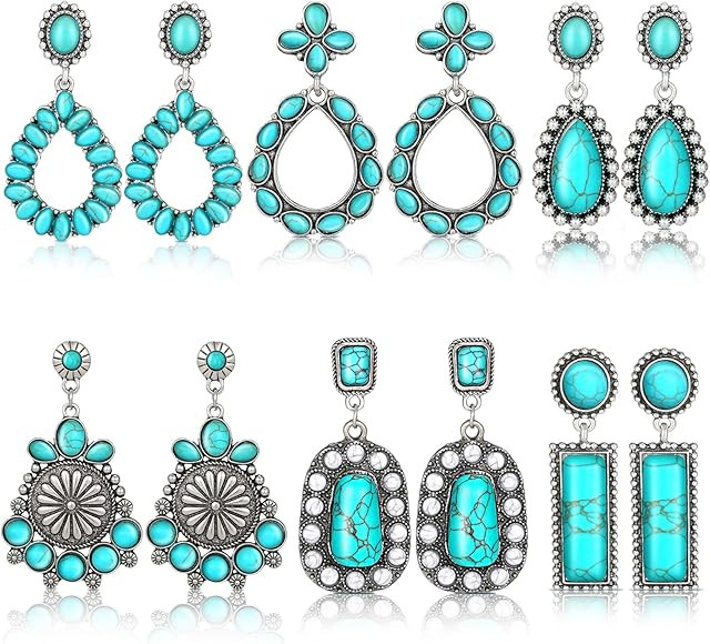 6 Pairs Turquoise Oval Earrings Turquoise Bohemian Dangle Cowboy Leather Vintage Earrings Boho Az... | Amazon (US)