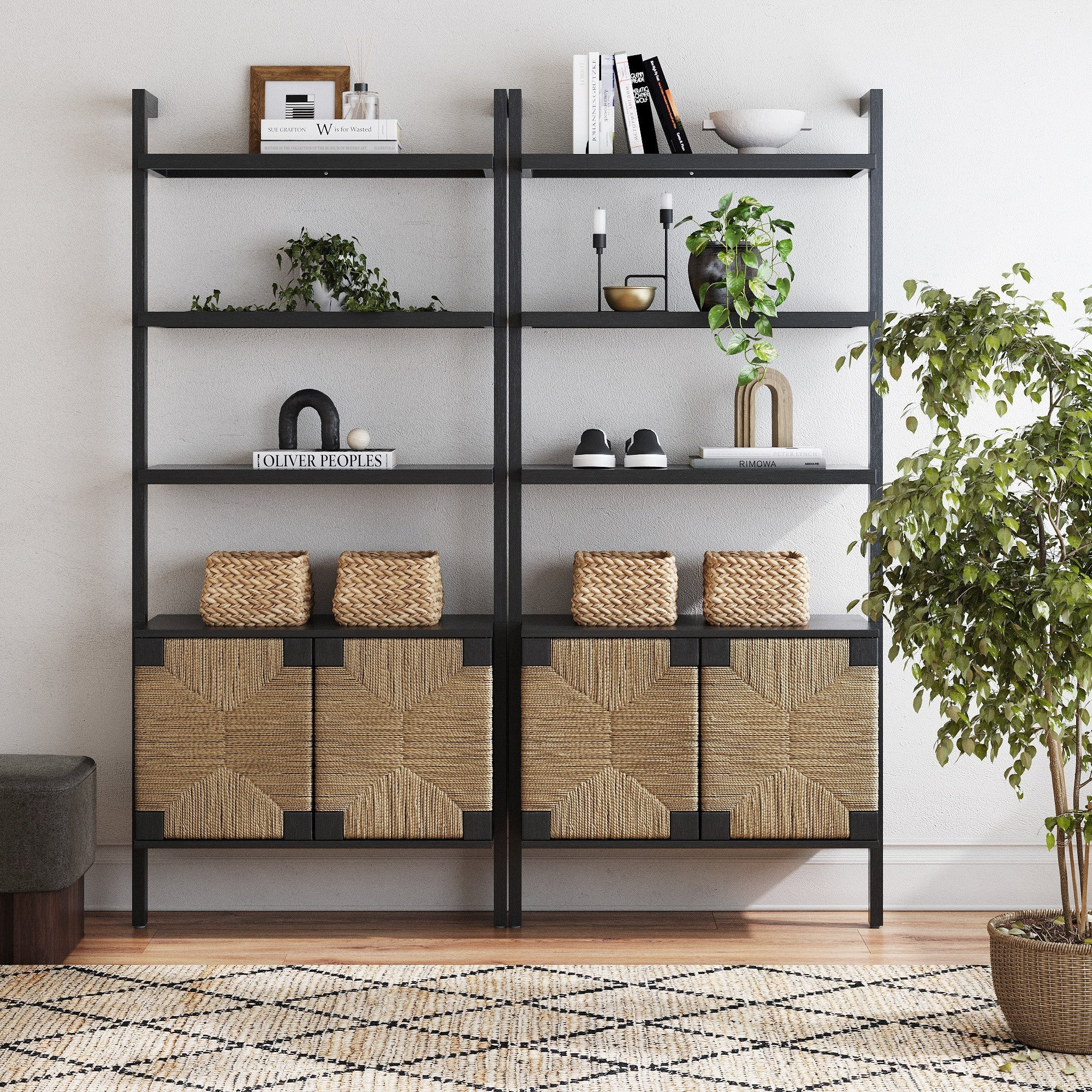 Seagrass Wall Bookshelves with Doors Black (Set of 2) | Nathan James