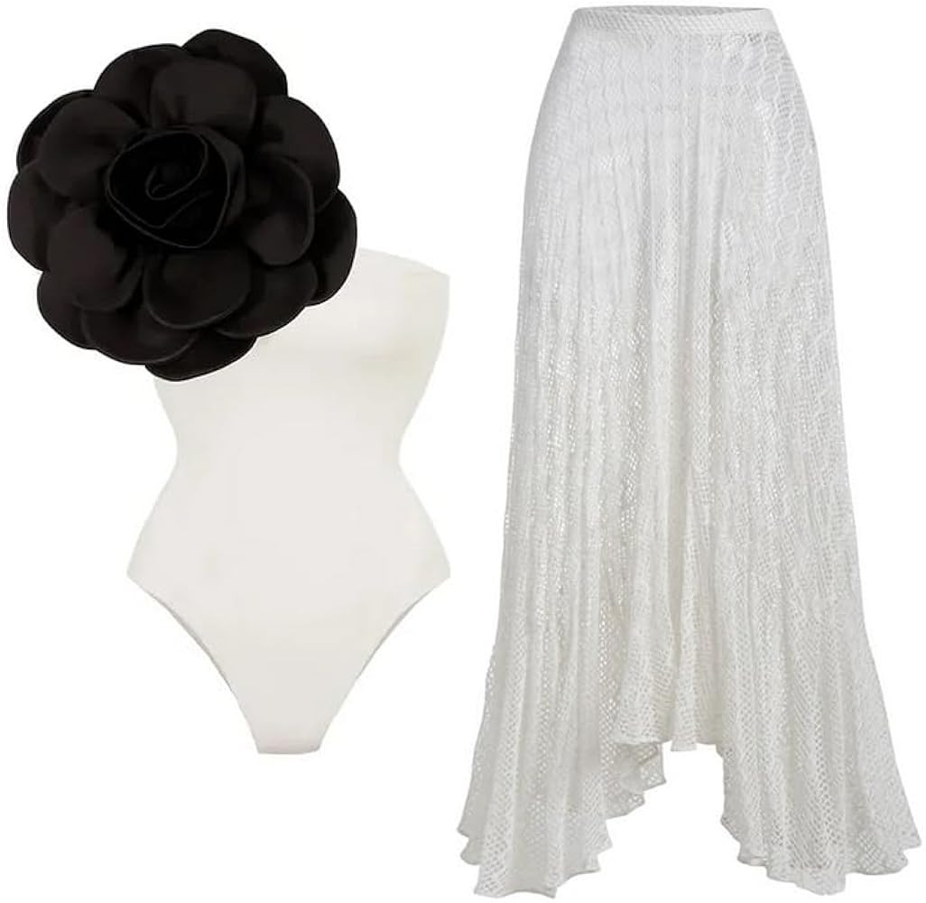 FLAXMAKER One Shoulder 3D Flower Animal Print One Piece Swimsuit and Sarong | Amazon (US)