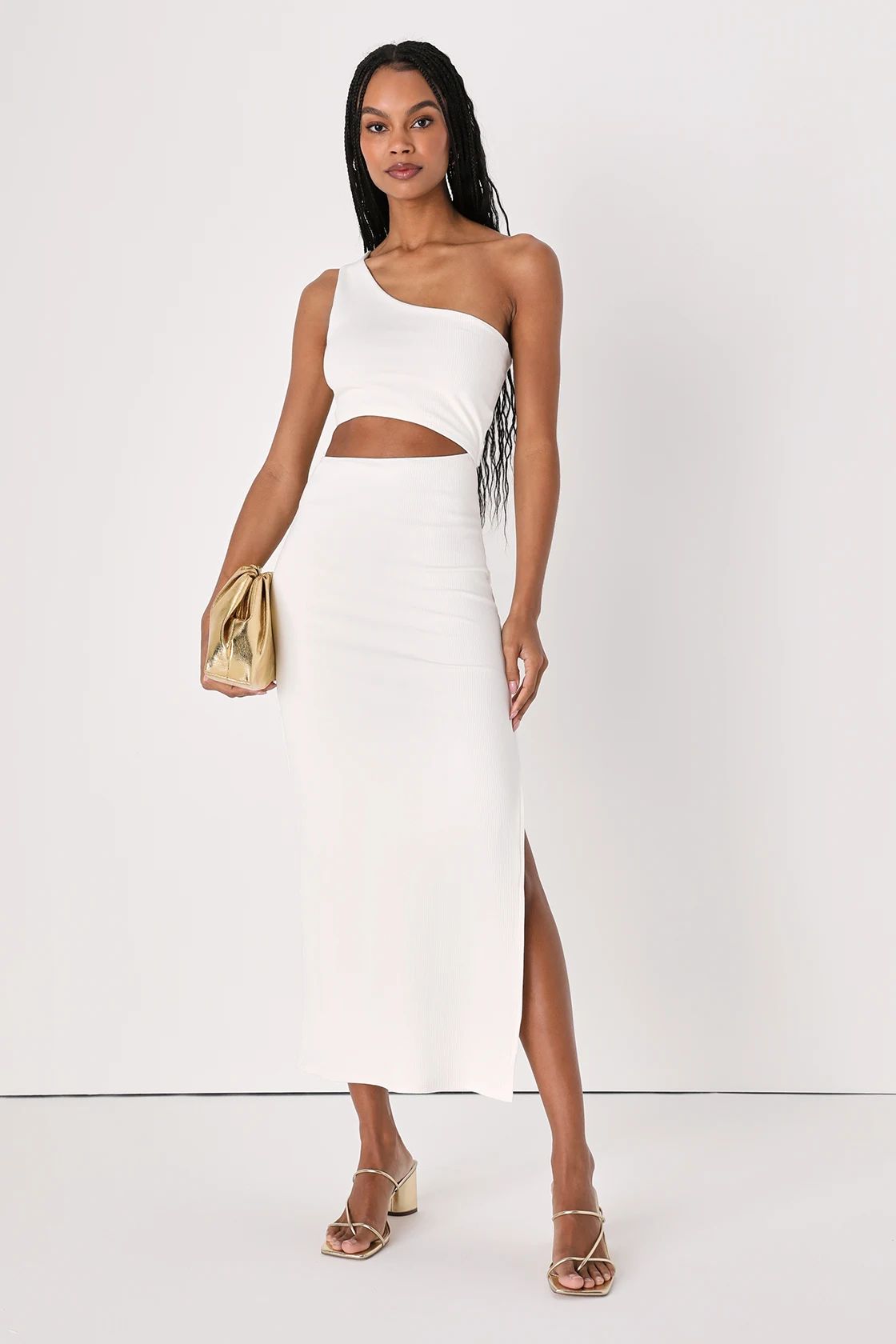 Spice Things Up Ivory Ribbed One-Shoulder Cutout Midi Dress | Lulus
