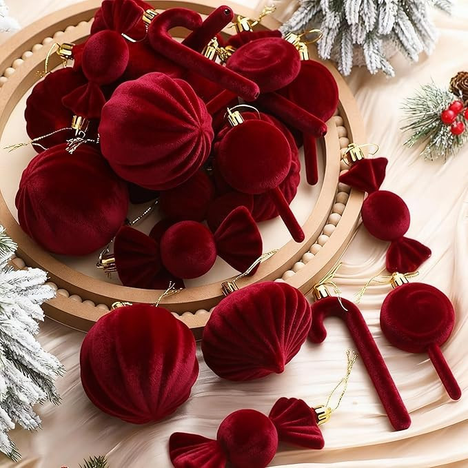 Peryiter 24 Pcs Red Flocked Candy Ornaments Burgundy Velvet Ornaments for Christmas Tree Hanging ... | Amazon (US)