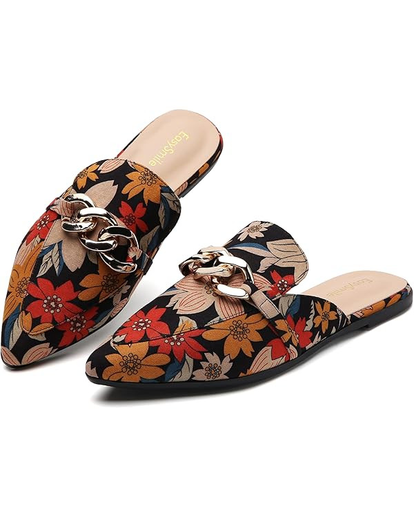 EasySmile Metal Chain Decor Flat Mules for Women Closed Pointed Toe Slip on Loafers Slides Backle... | Amazon (US)