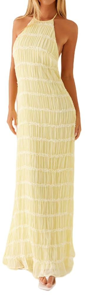 Women Halter Flowy Vacation Long Dress Sexy Sheer Ruched Backless Dress Y2k Sleeveless Beach Tier... | Amazon (US)