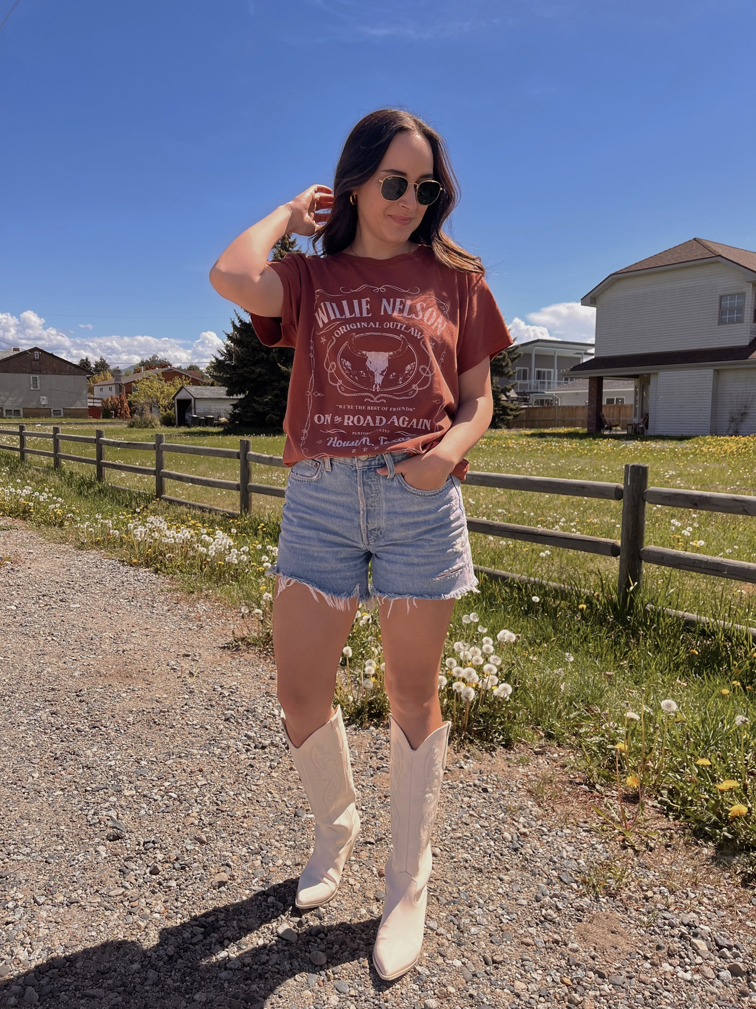 Country concert outfit, western boots, cowboy boots, denim shorts, graphic t-shirt. 

#LTKstyletip #LTKshoecrush