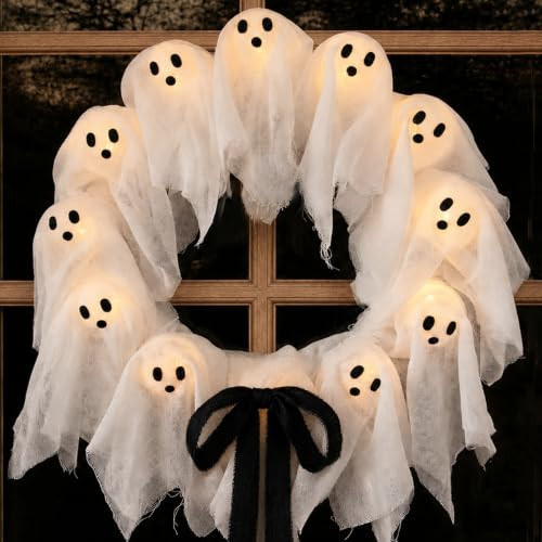 Halloween Decorations Outdoor - 22” Cute Lit Ghost Wreath with 8 Light Modes, Timer and Remote - Halloween Decor Indoor Spooky Ghosts Decoration for Front Door Porch Window Wall Party Office Home | Amazon (US)