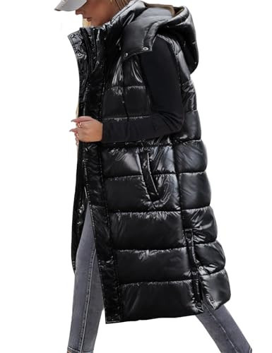Yusongirl Long Puffer Vest Women Quilted Button Down Jacket Sleeveless Puffy Vests Zip Up Winter Coat Fall Outerwear(Shiny Black,XXL) | Amazon (US)