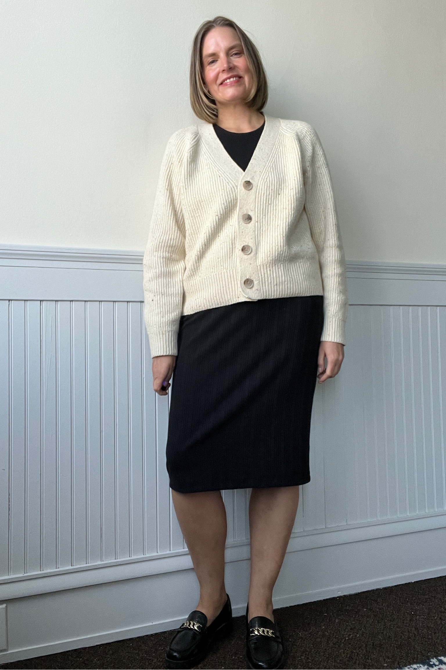 Fall transitional outfit: black dress + cardigan + chunky loafers 



#LTKSeasonal #LTKmidsize #LTKover40